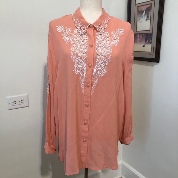 VTG Bob Mackie Wearable Art Silk Blouse Tag 1X Fits XL Peach Embroidered Floral - Picture 2 of 12